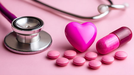 Stethoscope, pink heart, and medication representing cardiac care and women's healthの素材