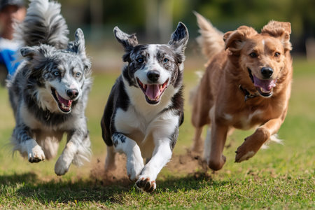 Three border collies and a mixed breed dog are happily running and kicking up dirt on green grassの素材
