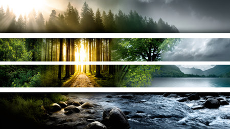 Abstract composition displaying different natural environments including forest, lake, river, and skyの素材