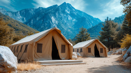 Safari style tents providing a comfortable glamping experience in a natural mountain landscapeの素材