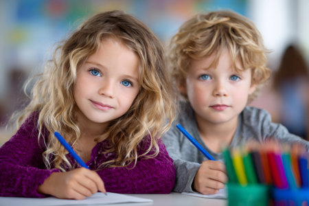 Children are writing at a desk, smiling while focused on their schoolworkの素材