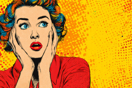 Woman with colorful hair reacting with hands on cheeks in comic book styleの素材