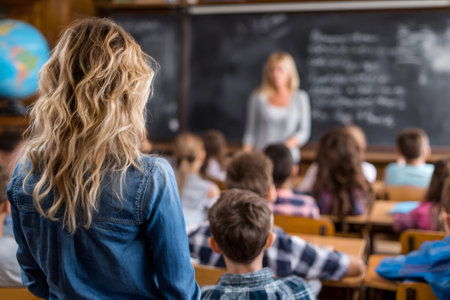 Teacher standing by chalkboard teaching students sitting in a classroom, back view perspectiveの素材