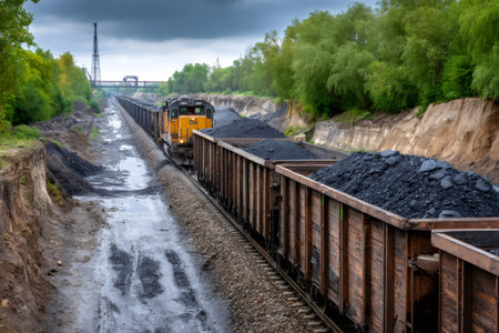Diesel locomotive pulling railcars loaded with coal along industrial tracksの素材