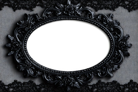 Ornate vintage frame providing copy space on a dark gray fabric background with black laceの素材
