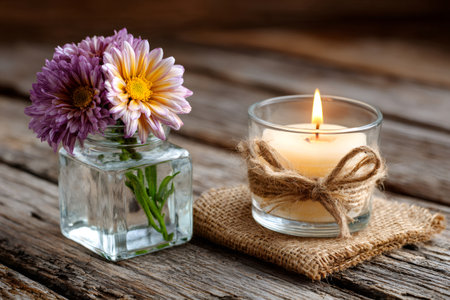 Burning candle and chrysanthemums in a glass vase on rustic wood creating a cozy, relaxing ambianceの素材