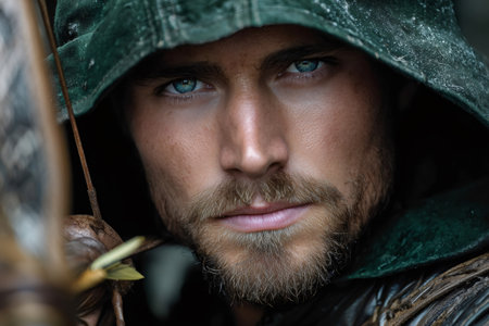 Hooded man with a beard and striking blue eyes portraying a fantasy archerの素材