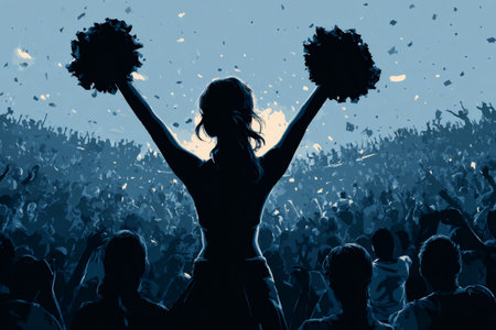 Cheerleader silhouette raising pom poms high amidst cheering crowd and falling confettiの素材