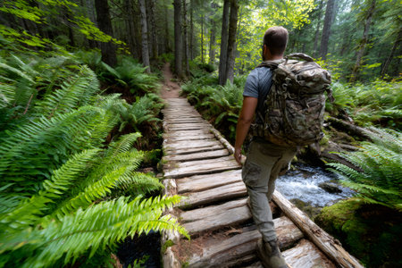 Man walking across wooden bridge over stream in lush green forestの素材
