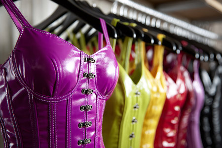 Rows of shiny corsets in various vibrant colors on hangers in a boutiqueの素材