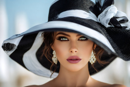 Fashionable woman looking at camera, wearing glamorous black and white hat and statement earringsの素材