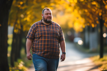 Man with beard walking through a park alley surrounded by golden autumn treesの素材
