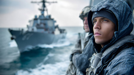 Two navy sailors standing watch on a warship during a military patrol in cold weatherの素材