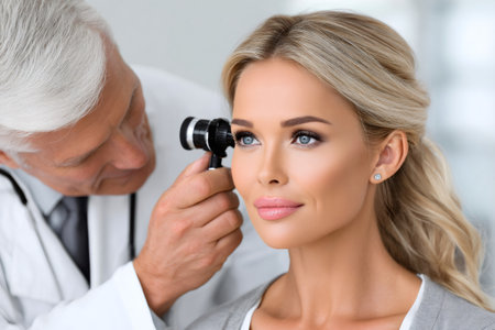 Doctor performing an ear examination on a woman using an otoscopeの素材