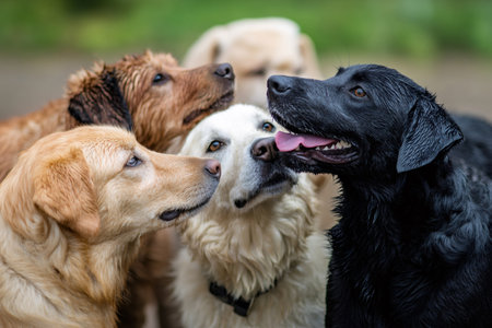 Pack of happy wet labrador retriever dogs interacting closely outdoorsの素材