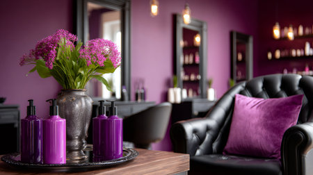 Hair salon interior featuring purple walls, styling stations, and cozy waiting areaの素材