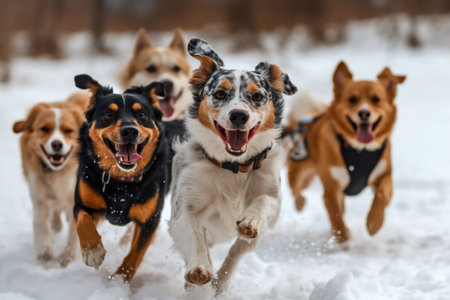 Group of joyful dogs running and playing in fresh white snow during winterの素材