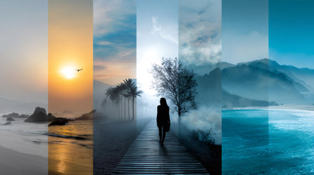 Woman's journey through diverse natural landscapes depicting changing weather and timeの素材