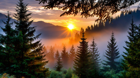 Forest valley shrouded in morning fog, with sunbeams breaking through pine treesの素材