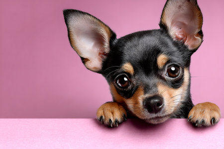 Chihuahua puppy looking directly at camera, paws on pink surfaceの素材