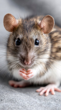 Cute domesticated brown rat sitting on gray fabric holding its tiny front pawsの素材