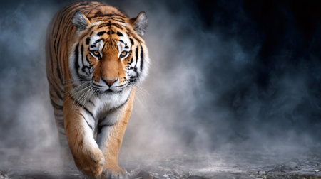 Wild tiger walking towards the viewer from mist, showing power and strengthの素材