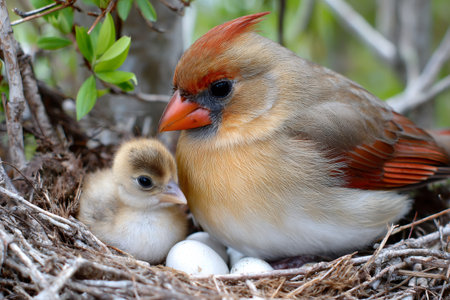 Northern cardinal mother bird with a chick nurturing eggs in a nestの素材
