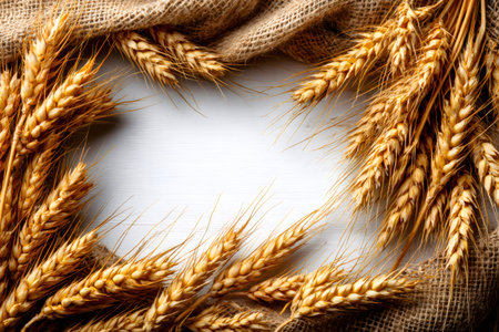 Wheat ears and burlap cloth framing a white wooden backgroundの素材