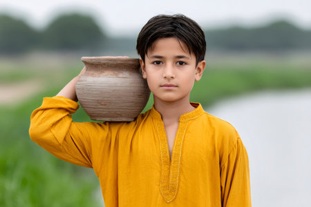 Young boy carrying a rustic clay pot on his shoulder, standing outdoors near waterの素材