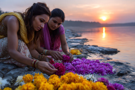 Indian women arranging colorful flowers on riverbank for a spiritual offering at sunsetの素材