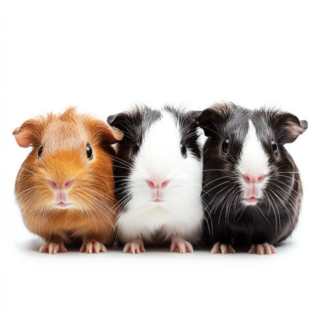 Three adorable guinea pigs sitting in a row on a white backgroundの素材