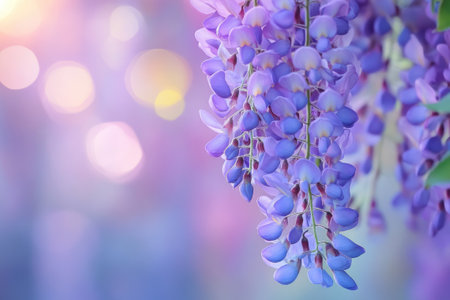 Beautiful purple wisteria is blooming in a spring garden with a blurry backgroundの素材