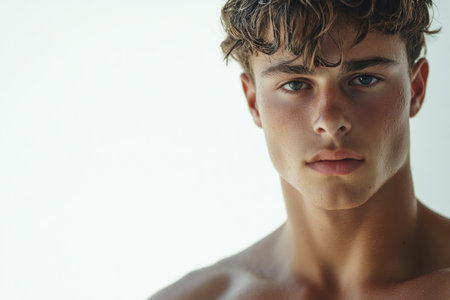 Handsome young man with blue eyes is posing on a white backgroundの素材