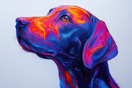 Colorful dog portrait painted with vivid colors looking up with a soft blue backgroundの素材