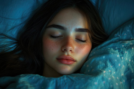 Young woman is sleeping soundly in her bed with blue sheets, enjoying a peaceful night's restの素材