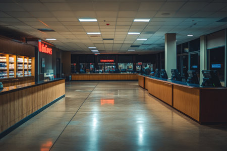 Empty ticket counters are waiting for customers inside a brightly lit building at nightの素材