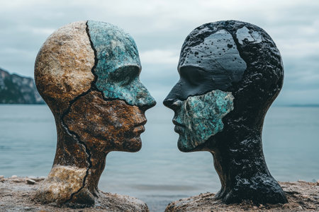 Two stone statues are looking at each other, with the sea in the backgroundの素材