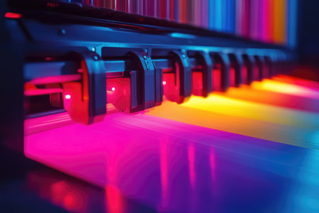 High speed offset printing machine is printing posters with vivid cmyk colorsの素材