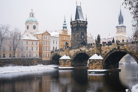 Snow is falling on Charles Bridge in Prague, where tourists are walkingの素材