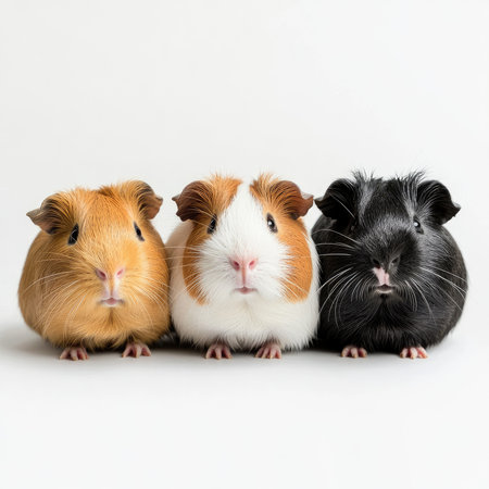 Three guinea pigs are sitting next to each other on a white backgroundの素材