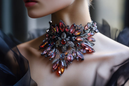 Closeup of a luxurious necklace with precious stones being worn by a woman in a black dressの素材