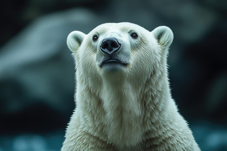 Majestic polar bear standing outside on a snowy day with snowflakes falling around itの素材