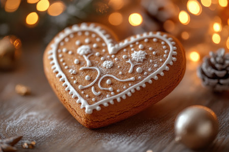 Heart shaped gingerbread cookie with white icing is lying on a wooden table with Christmas lights in the backgroundの素材