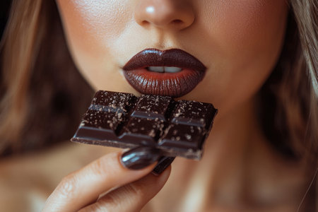 Woman with dark lipstick is holding a bar of dark chocolate up to her lipsの素材
