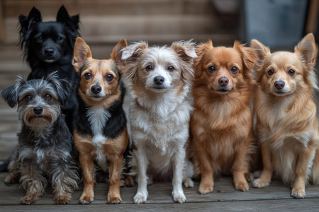 Six dogs of various breeds are sitting on a wooden deckの素材