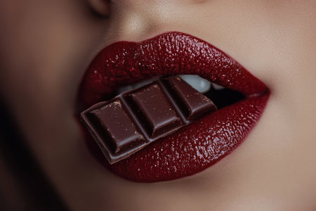Woman with red lipstick is holding a chocolate bar between her lipsの素材