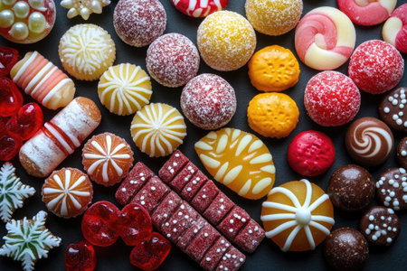 Delicious assortment of colorful sugar candies lying on a black backgroundの素材