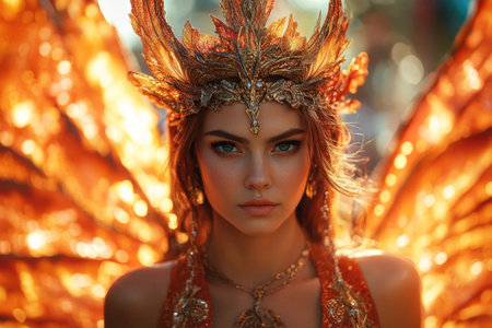 Fantasy queen with an elaborate gold crown and orange dress is posing in front of a fiery backgroundの素材
