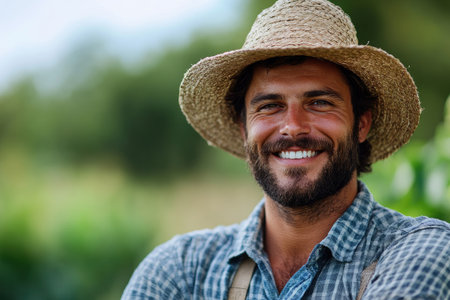Portrait of a cheerful farmer smiling and wearing a straw hatの素材