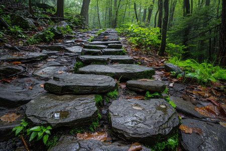 Wet stone steps leading upwards through a forest after rainの素材